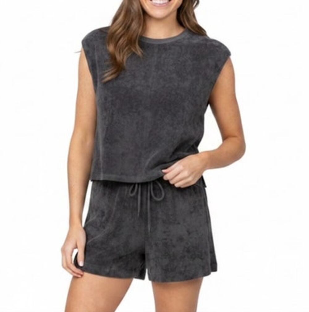 Lilla P Women’s Medium Gray Terry Boxy Sleeveless Top Shorts Set